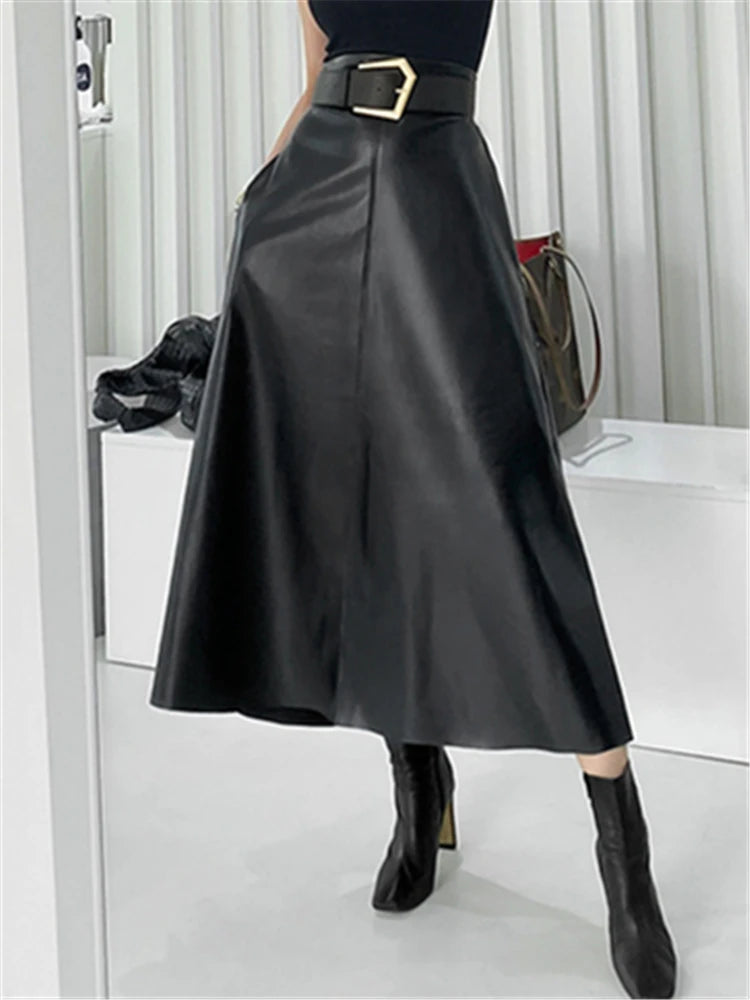 REALEFT High Waist Umbrella Skirt with Belt