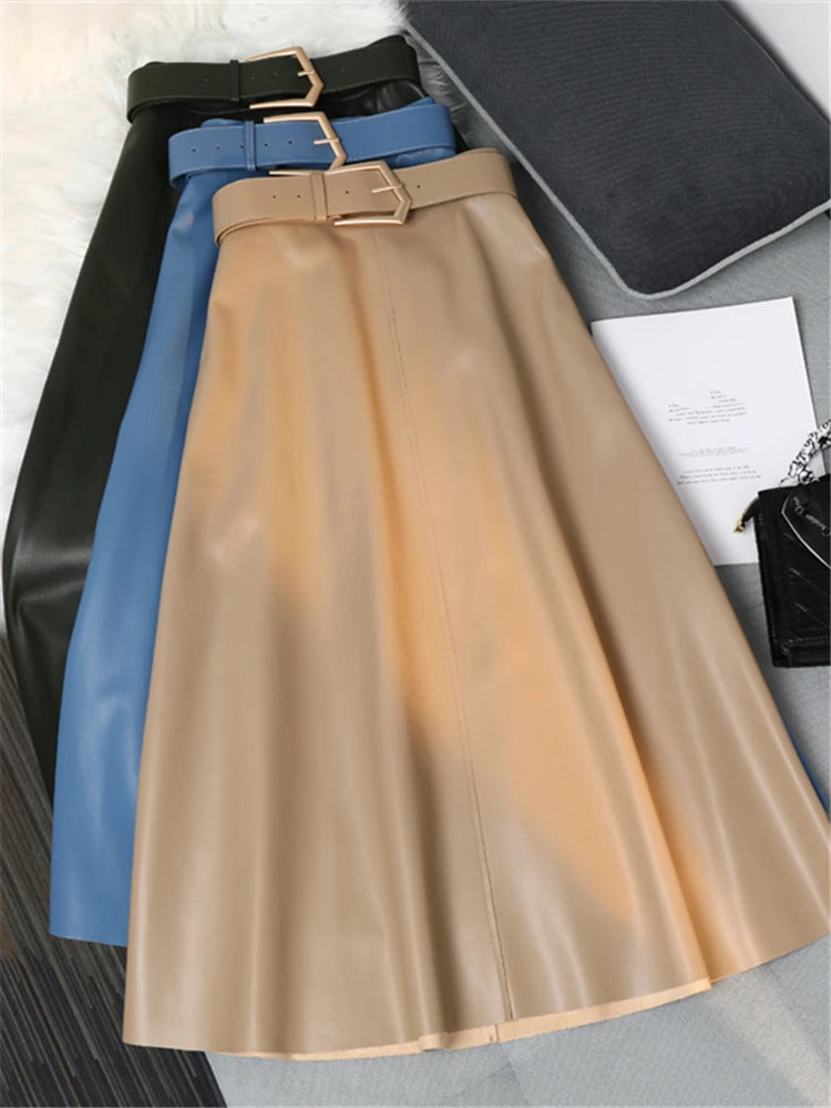 REALEFT High Waist Umbrella Skirt with Belt