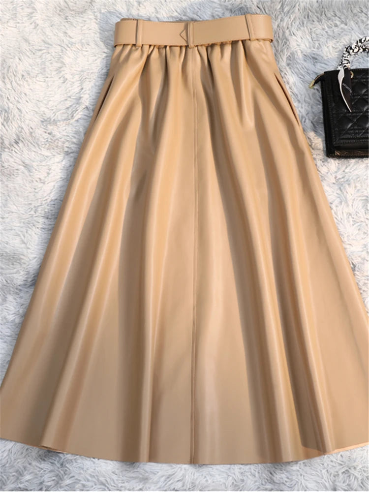 REALEFT High Waist Umbrella Skirt with Belt
