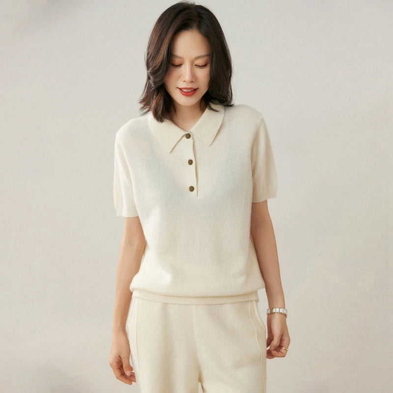 100% pure cashmere pullover short sleeved autumn/winter new women's T-shirt casual solid color knitted sweater POLO collar Tops