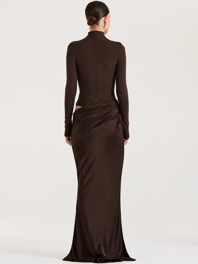 Hollow Turtleneck Ruched Bodycon Maxi Dress