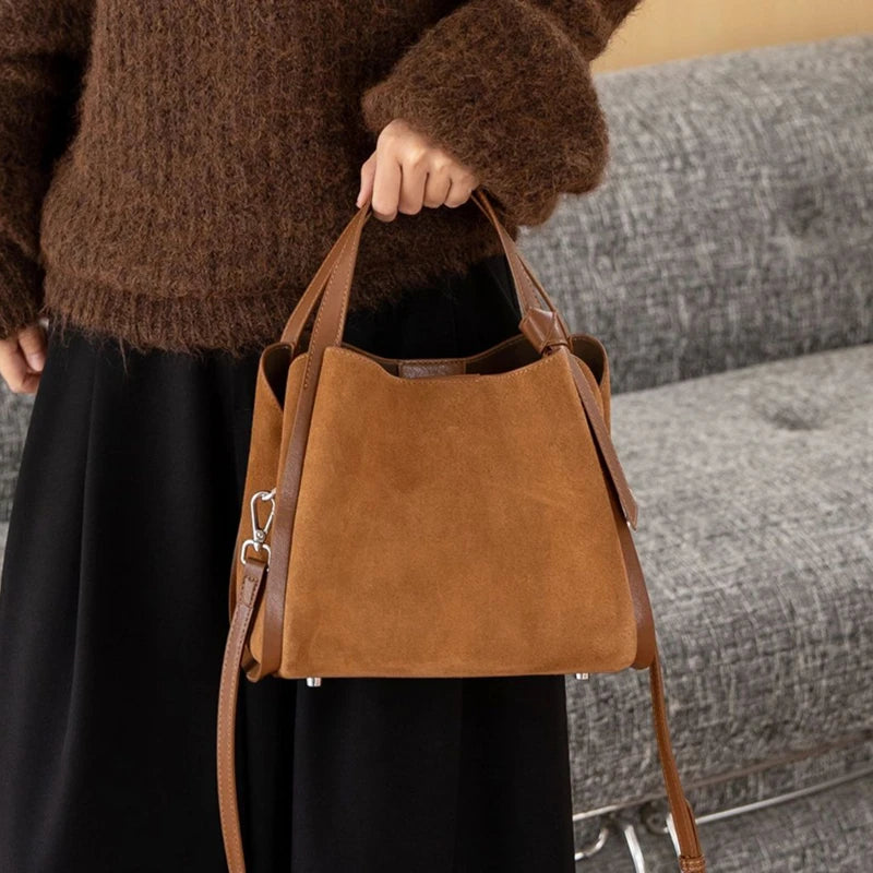 Cowhide Suede Genuine Leather Bucket Tote Bag