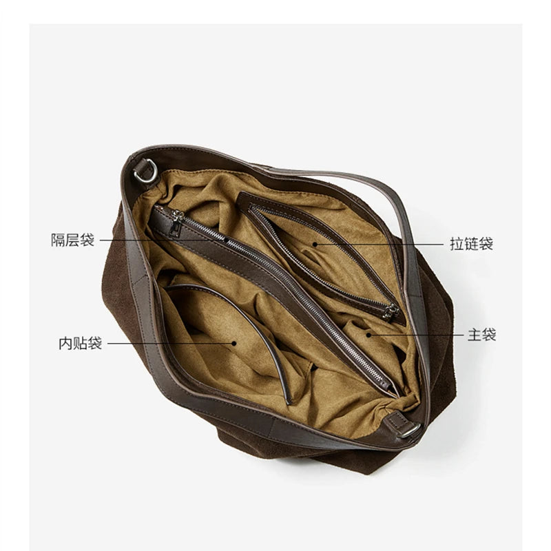 Genuine Cowhide Suede Hobo Tote Bag
