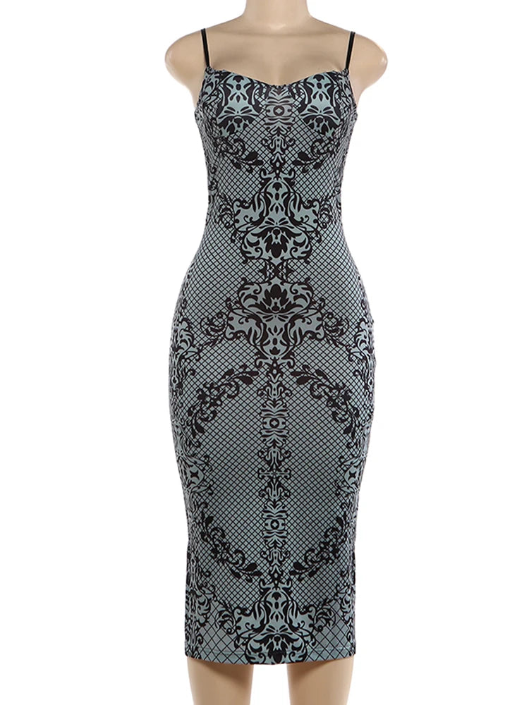 Kliou Midnight Art Print Backless Bodycon Maxi Dress