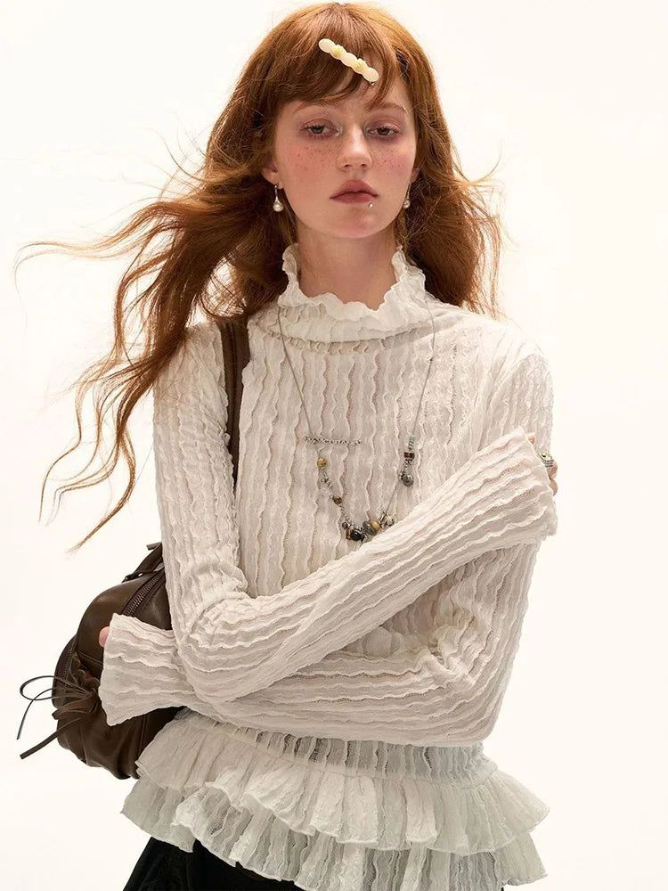 Women’s Ruffle Turtleneck Slim Fit Long Sleeve T-Shirt