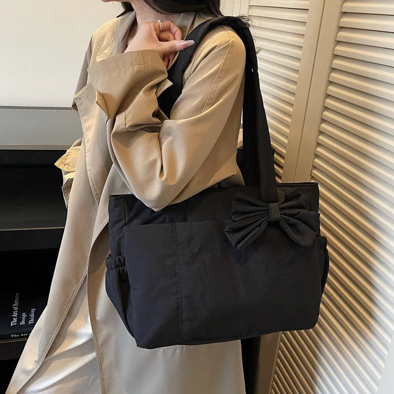 Bow Nylon Canvas Shoulder Bag