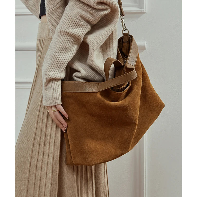 Genuine Cowhide Suede Hobo Tote Bag