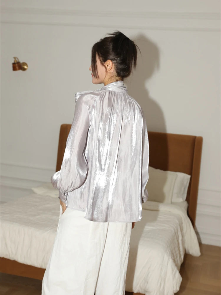 Women’s Glitter Satin Lantern Sleeve Blouse