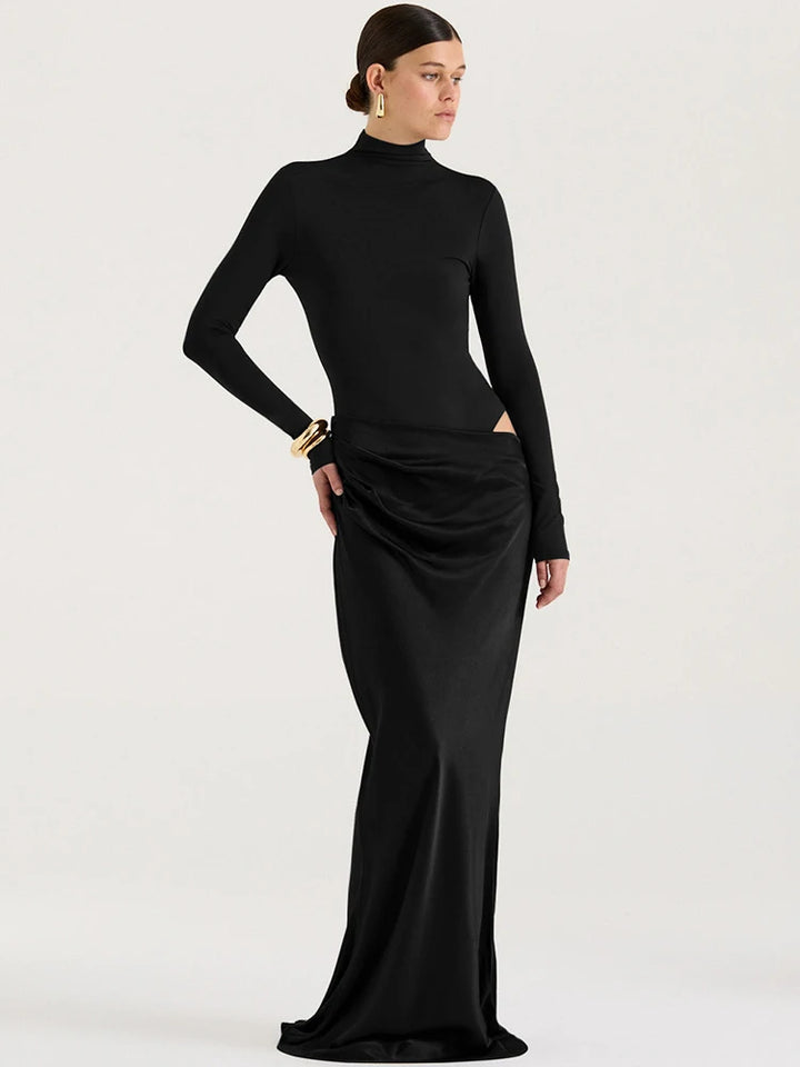 Hollow Turtleneck Ruched Bodycon Maxi Dress