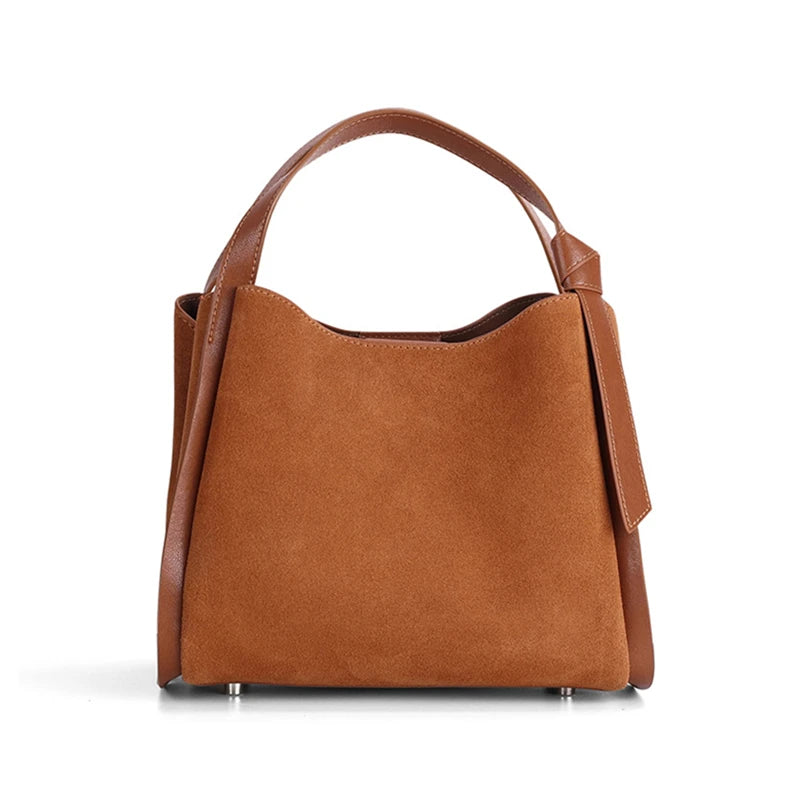 Cowhide Suede Genuine Leather Bucket Tote Bag