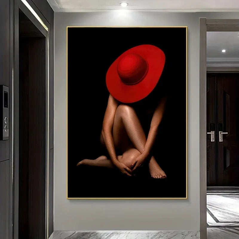 1pc Modern Abstract Red Hat Frameless Wall Art Canvas Print, Contemporary Female Form Poster for Living Room and Bedroom Decor