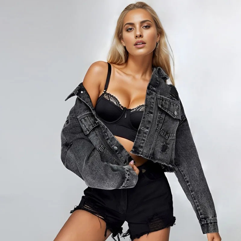 Y2K Raw-Edge Cropped Denim Jacket