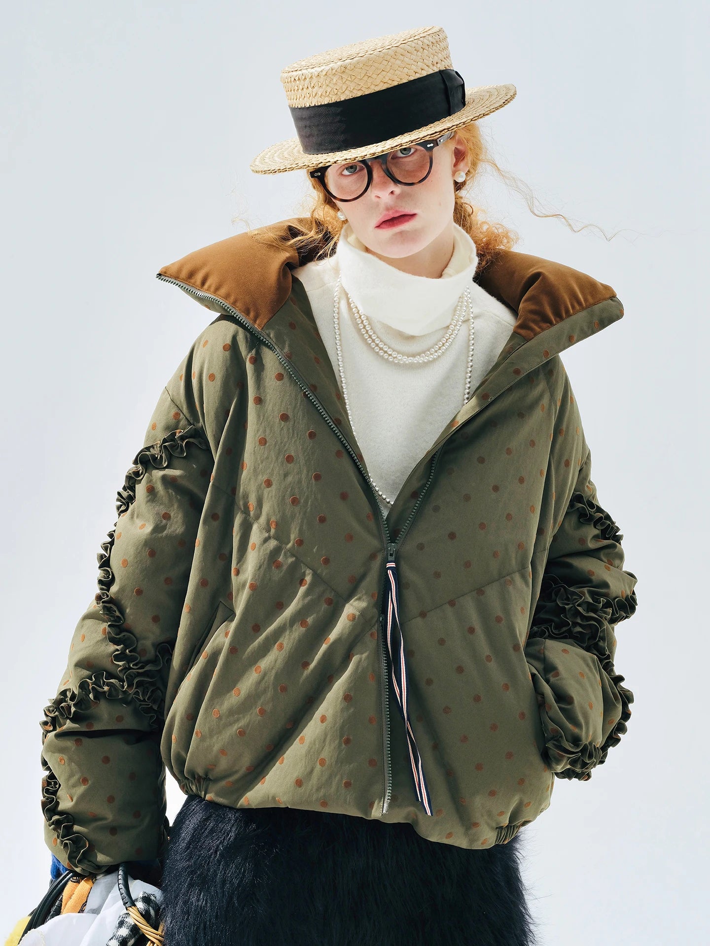 Polka Dot Ruffle High-Neck Down Jacket