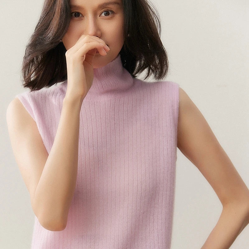 100% pure cashmere pullover vest autumn/winter new women's vest casual solid color knitted sleeveless sweater high neck Tops