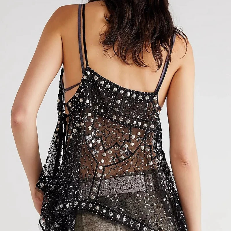 Women’s Y2K Sequin Mesh Halter Crop Top