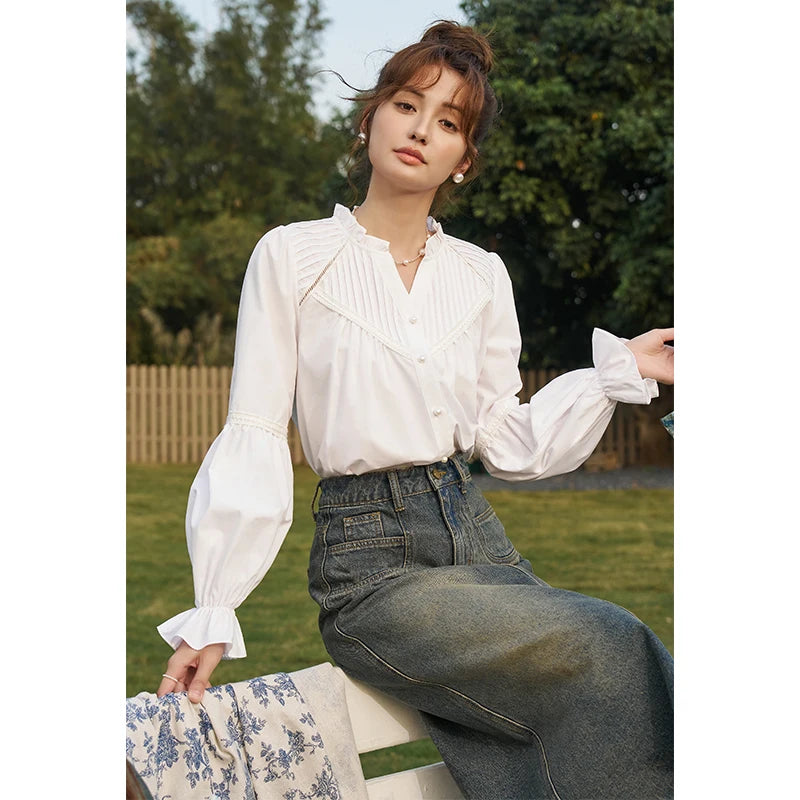 Women’s V-Neck Pleated Ruffle Sleeve Blouse