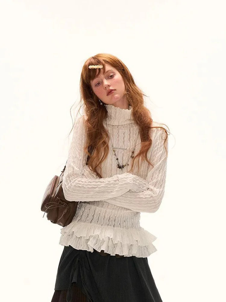 Women’s Ruffle Turtleneck Slim Fit Long Sleeve T-Shirt