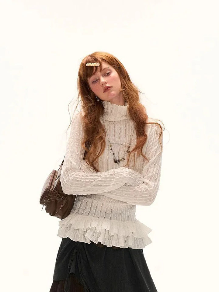 Women’s Ruffle Turtleneck Slim Fit Long Sleeve T-Shirt