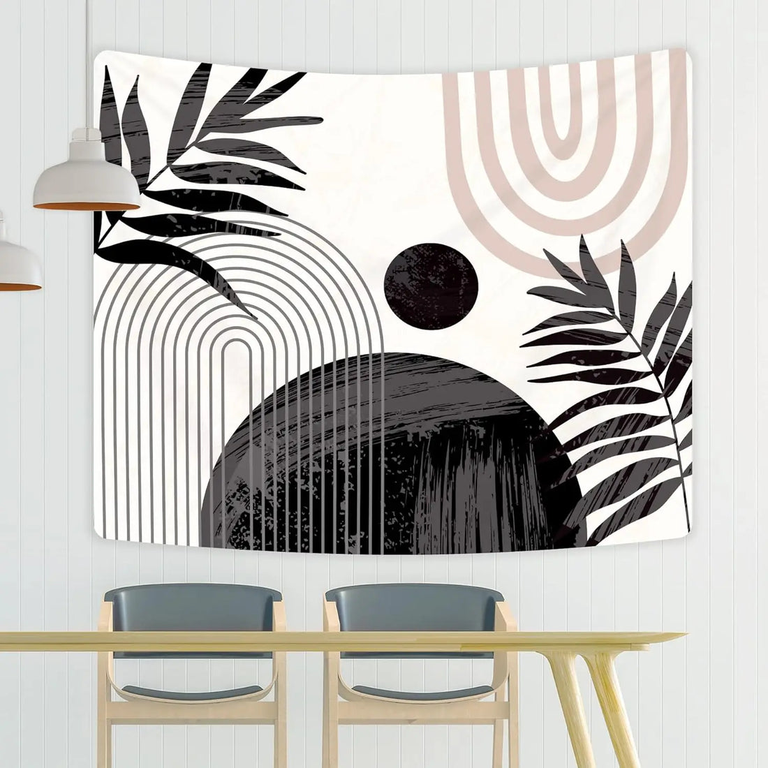 Abstract Black Boho Sun Leaves Tapestry