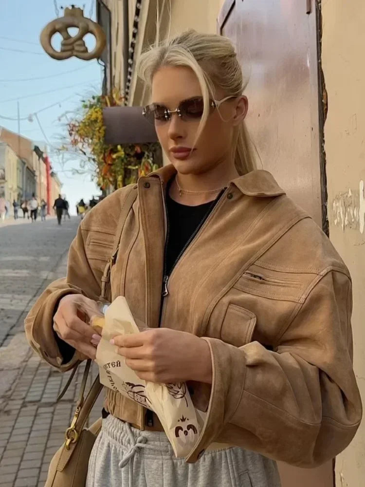 Retro Suede Zip Cropped Jacket 2025