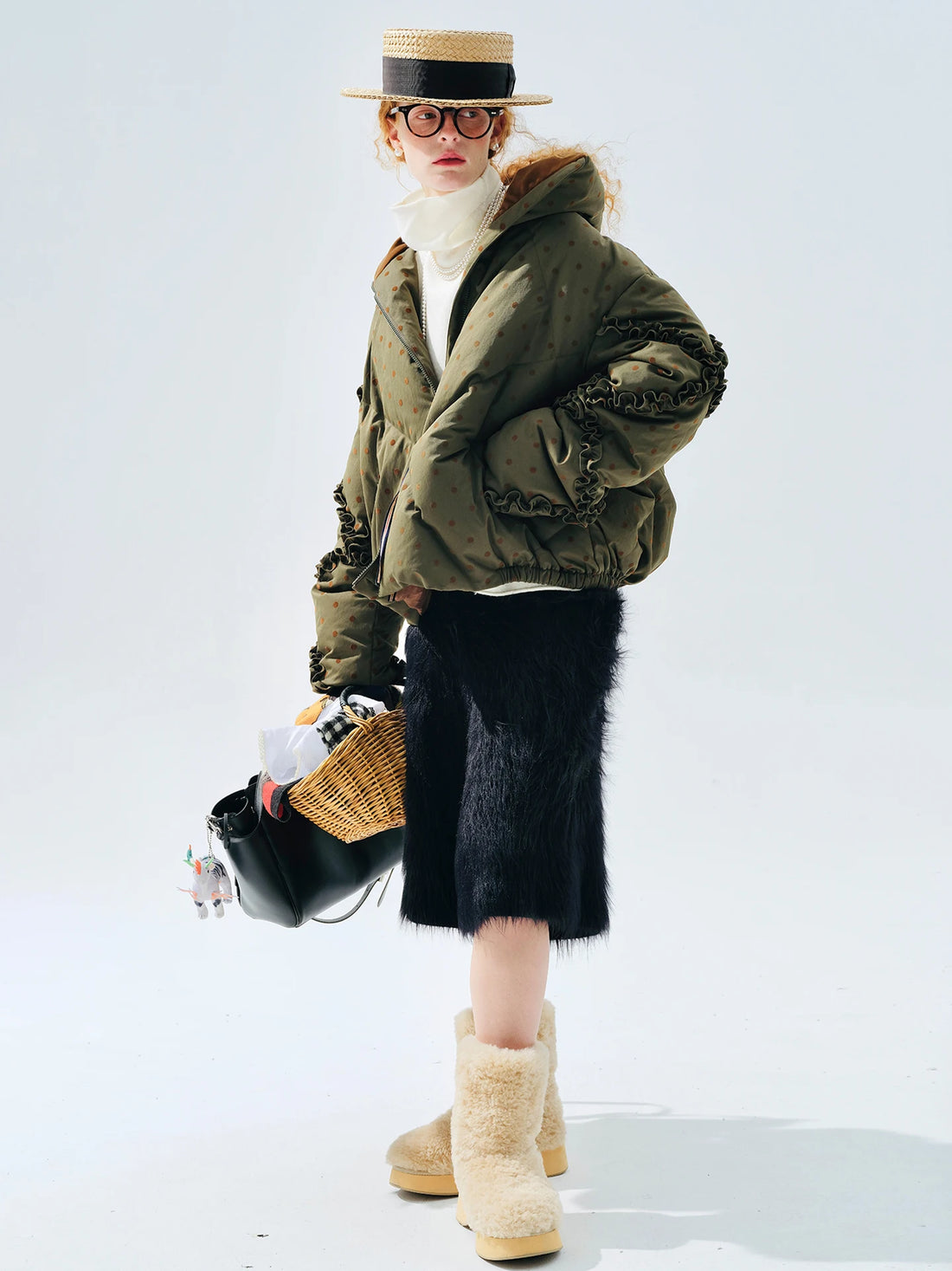 Polka Dot Ruffle High-Neck Down Jacket