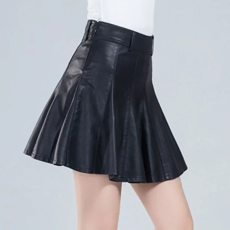Elegant High Waist Genuine Leather Mini Skirt