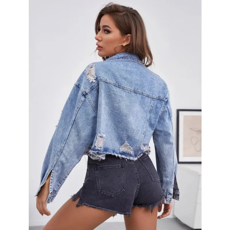 Y2K Raw-Edge Cropped Denim Jacket