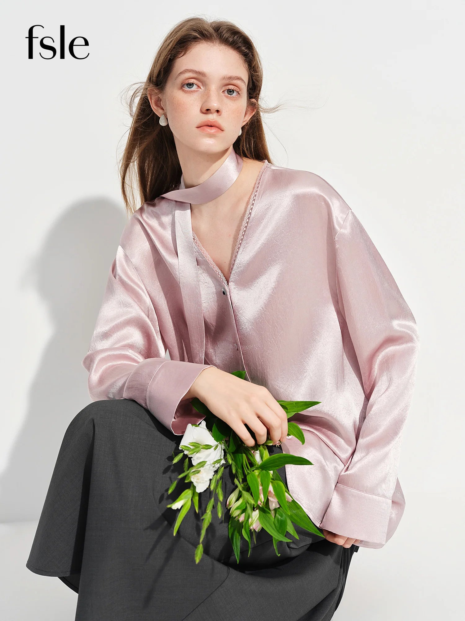 Women’s French Style V-Neck Acetate Satin Shirt