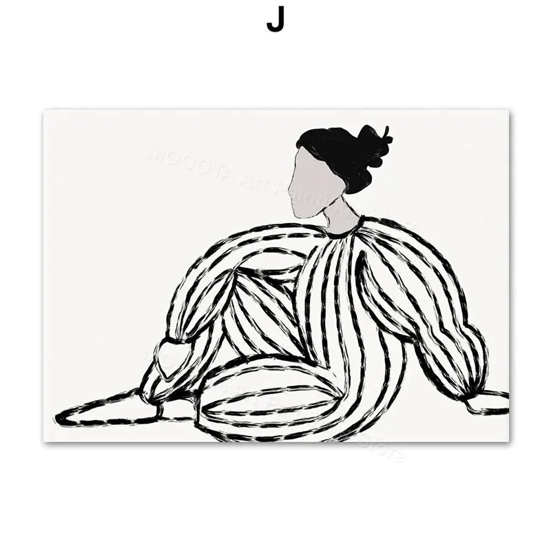 Retro Abstract Line Girl Vase Canvas Wall Art