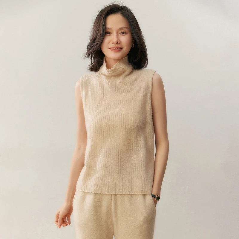 100% pure cashmere pullover vest autumn/winter new women's vest casual solid color knitted sleeveless sweater high neck Tops