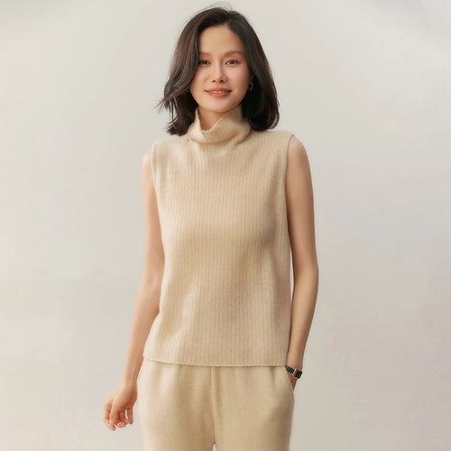 100% pure cashmere pullover vest autumn/winter new women's vest casual solid color knitted sleeveless sweater high neck Tops