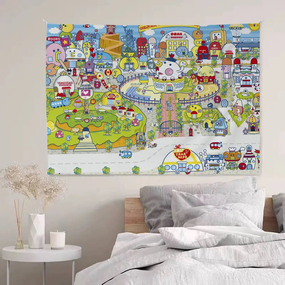 Cute Tamagotchi Cartoon Boho Tapestry