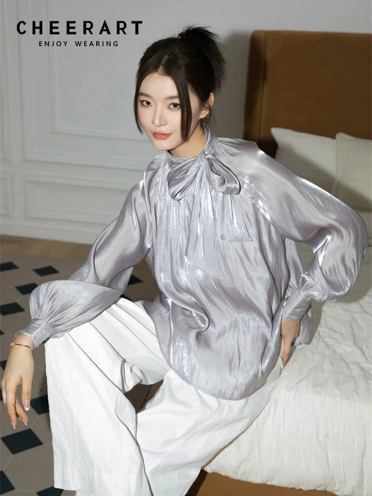 Women’s Glitter Satin Lantern Sleeve Blouse