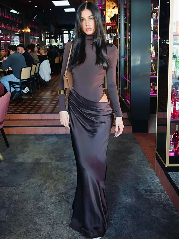Hollow Turtleneck Ruched Bodycon Maxi Dress