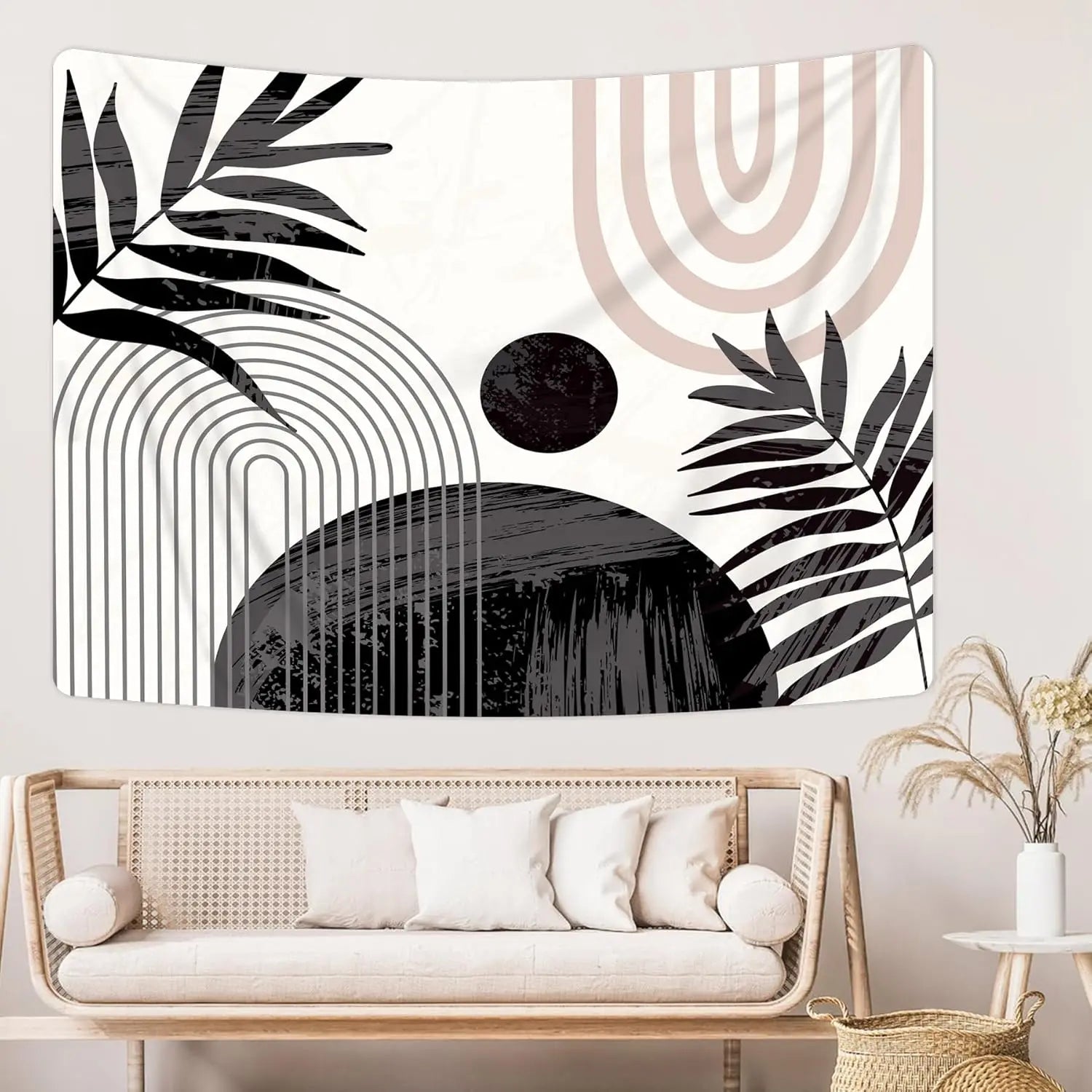 Abstract Black Boho Sun Leaves Tapestry