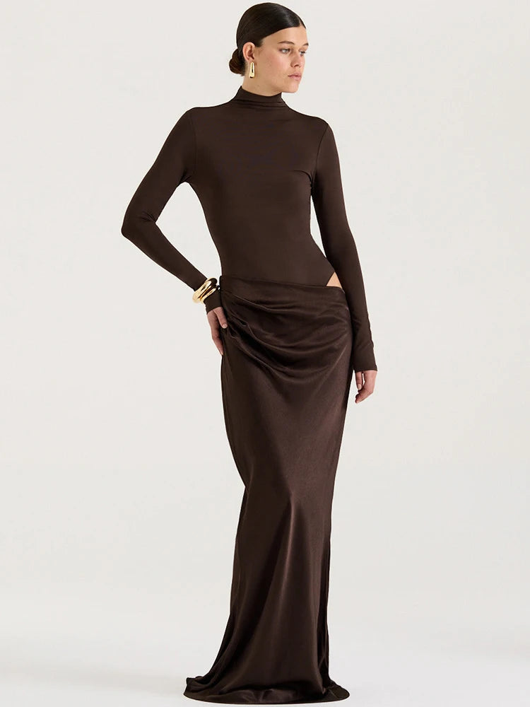 Hollow Turtleneck Ruched Bodycon Maxi Dress