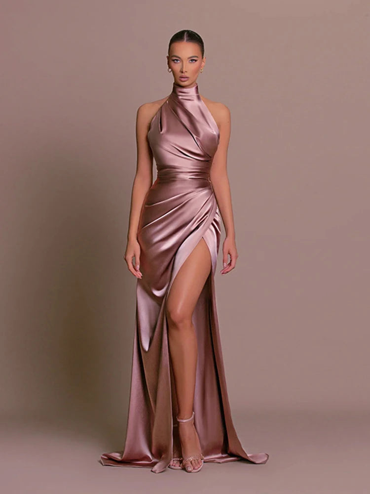 Backless High-Slit Halter Maxi Party Dress
