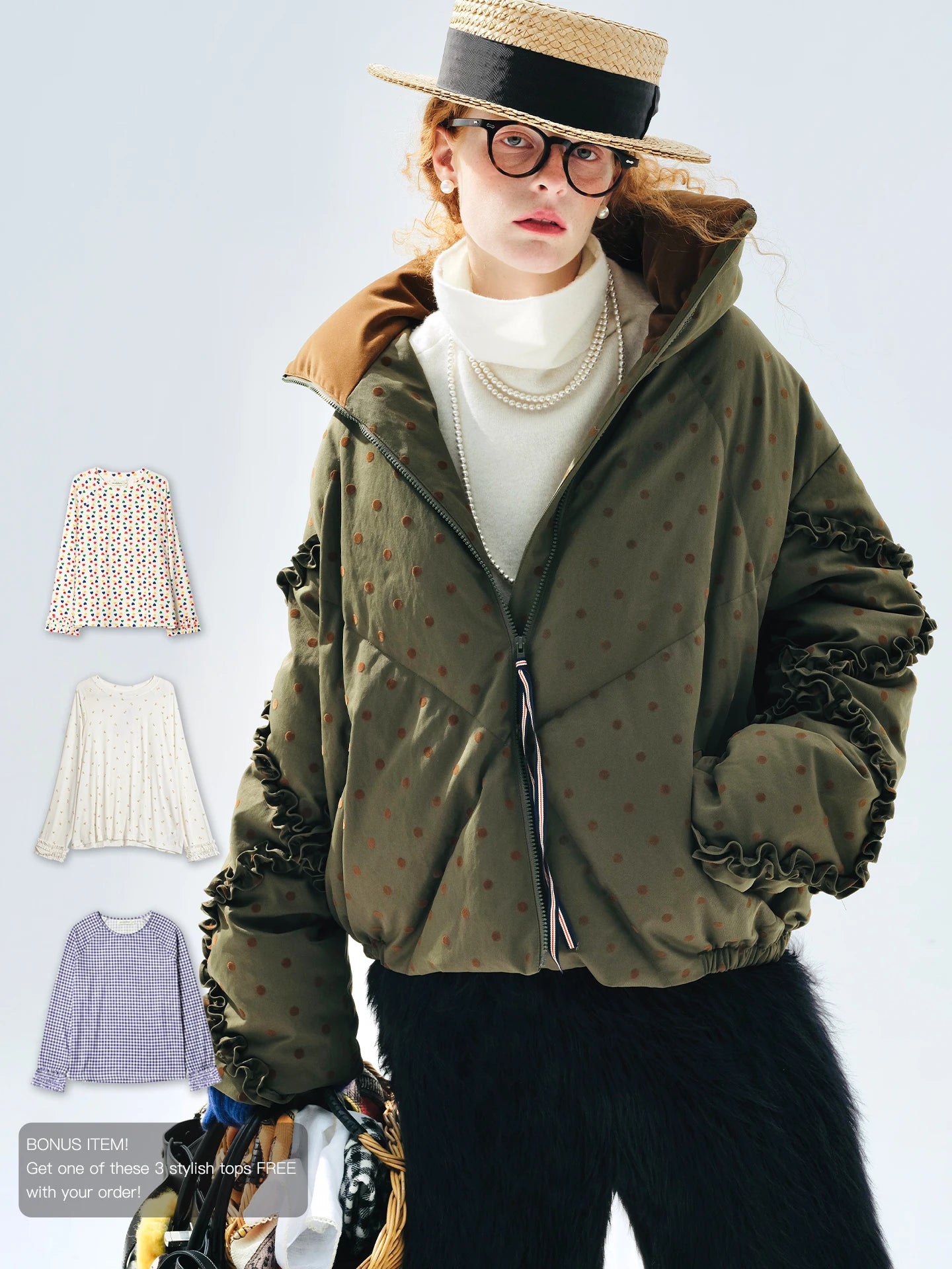 Polka Dot Ruffle High-Neck Down Jacket
