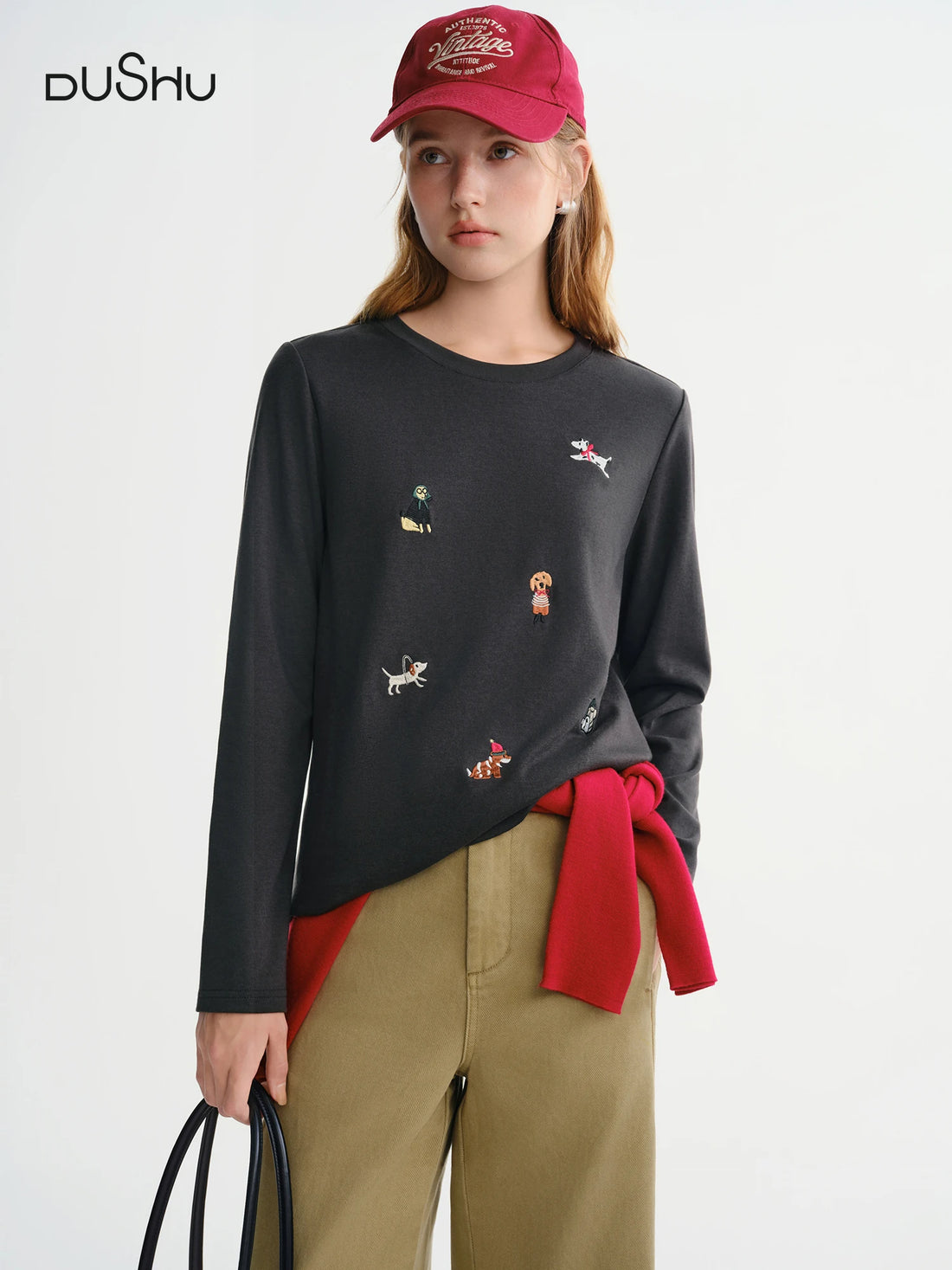 Women’s Puppy Embroidered Fleece Long Sleeve T-Shirt