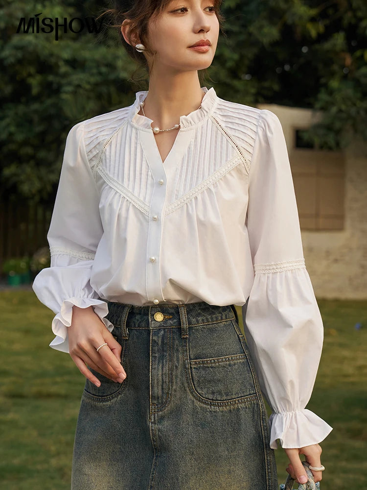 Women’s V-Neck Pleated Ruffle Sleeve Blouse