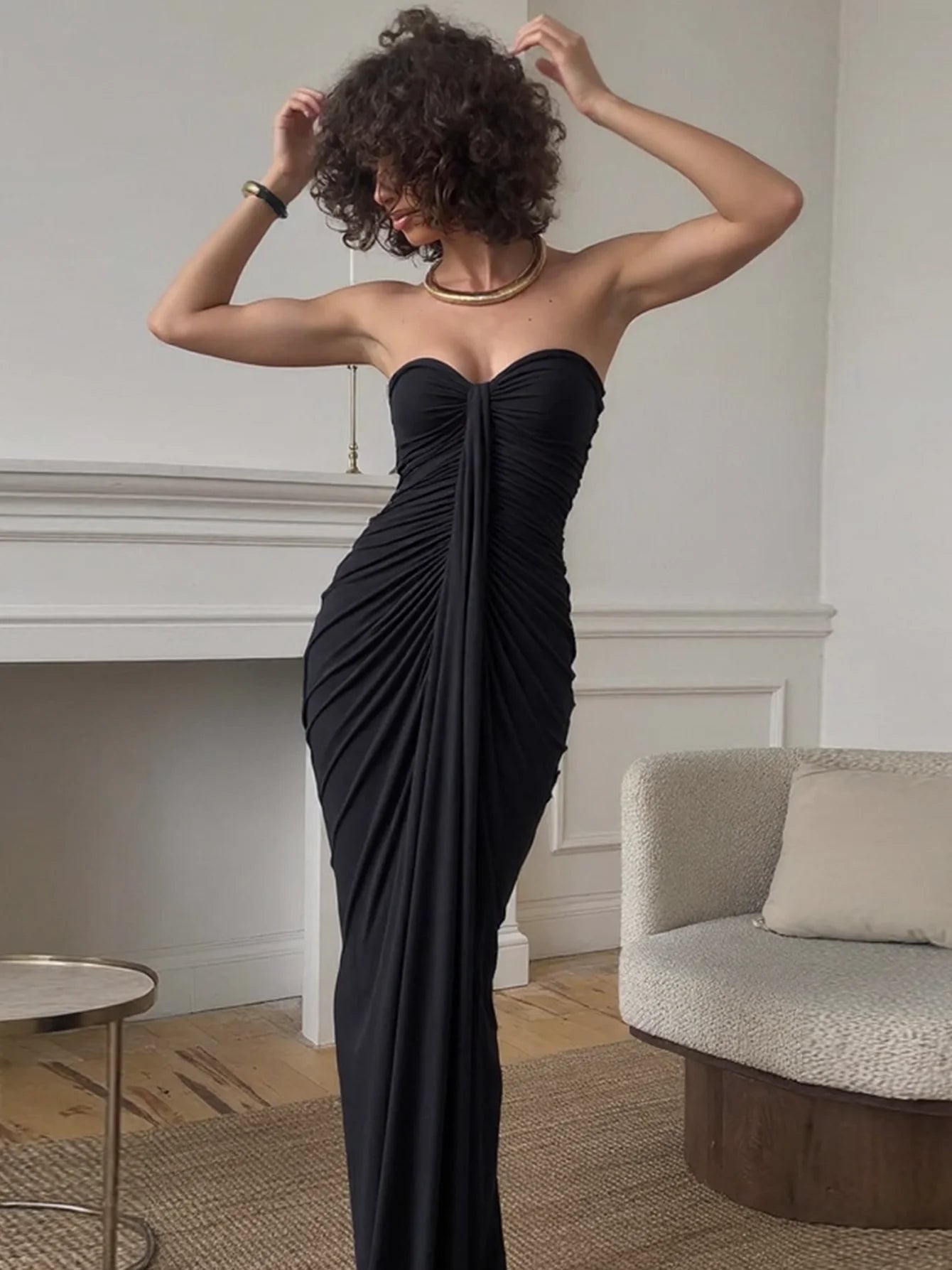 Backless Ruched Chest-Wrap Maxi Dress