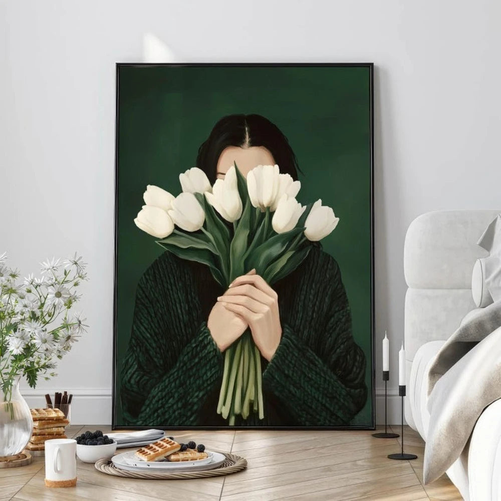 Emerald Green Abstract Tulip Woman Canvas Art