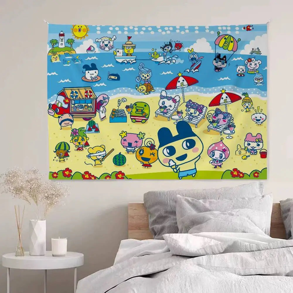 Cute Tamagotchi Cartoon Boho Tapestry