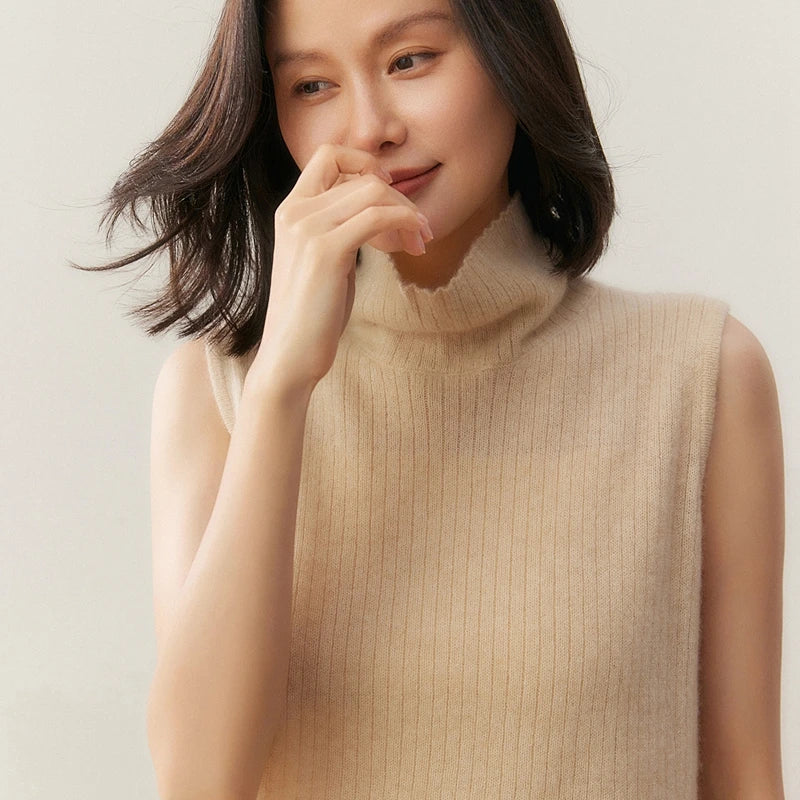 100% pure cashmere pullover vest autumn/winter new women's vest casual solid color knitted sleeveless sweater high neck Tops
