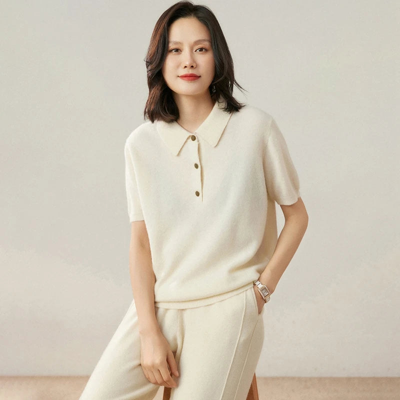 100% pure cashmere pullover short sleeved autumn/winter new women's T-shirt casual solid color knitted sweater POLO collar Tops