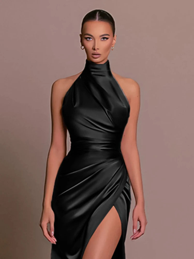 Backless High-Slit Halter Maxi Party Dress