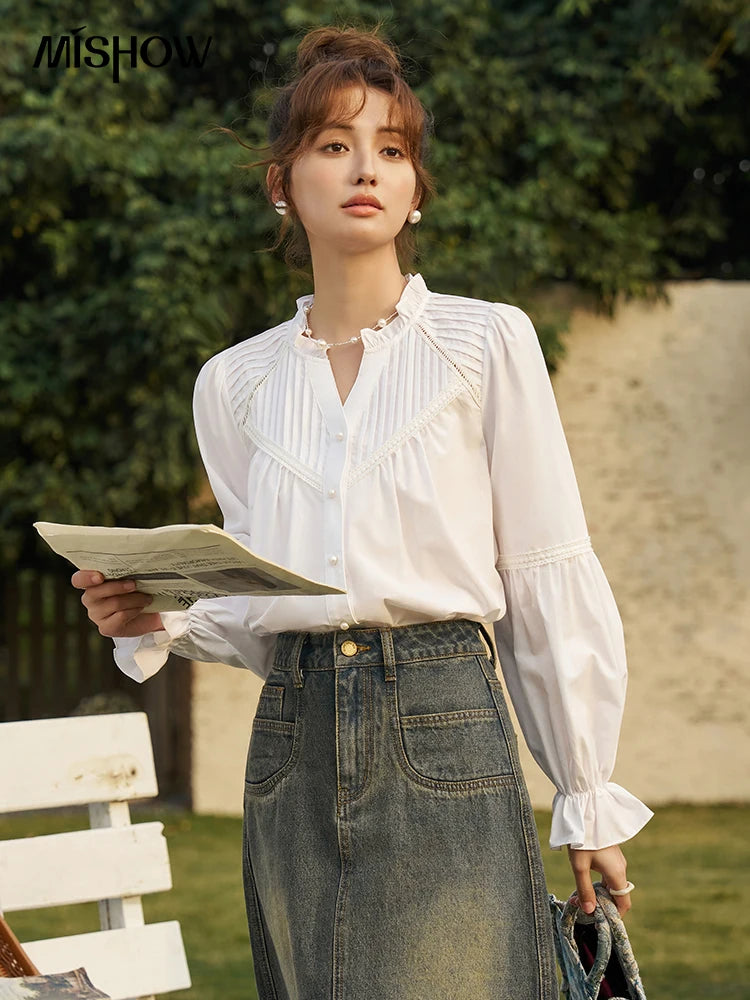 Women’s V-Neck Pleated Ruffle Sleeve Blouse