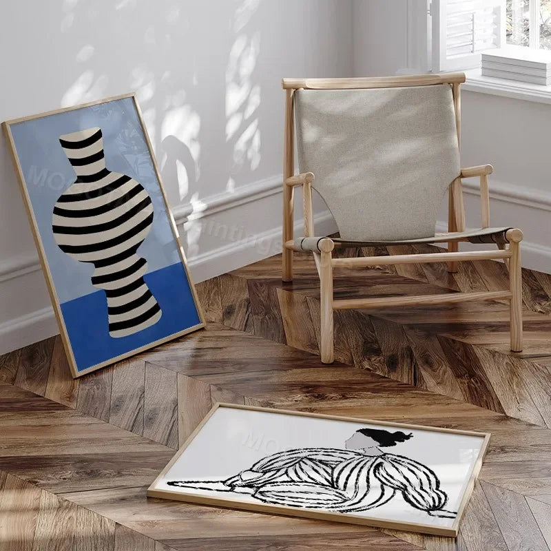 Retro Abstract Line Girl Vase Canvas Wall Art
