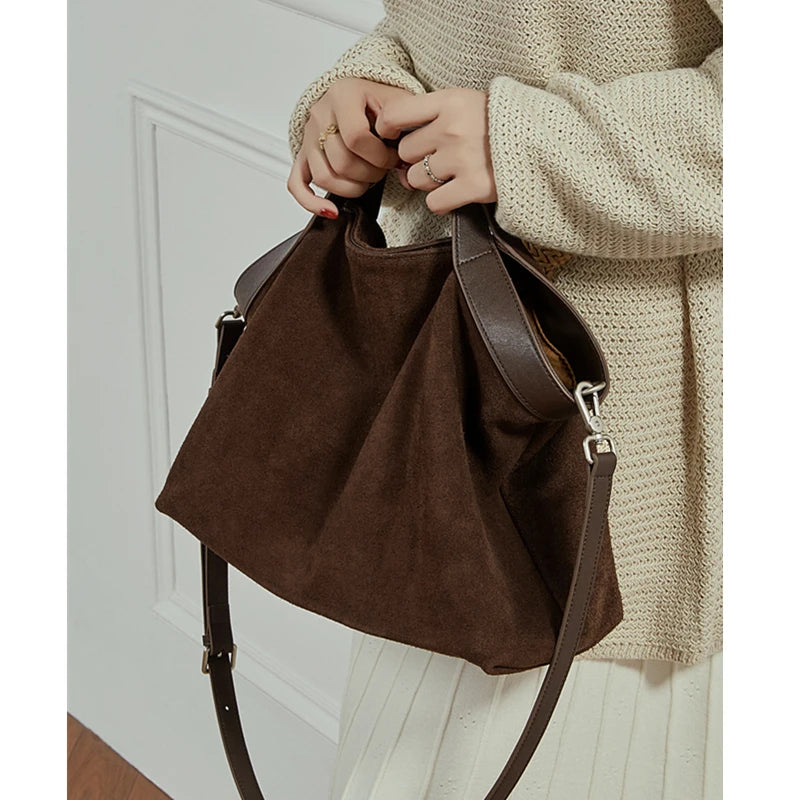 Genuine Cowhide Suede Hobo Tote Bag