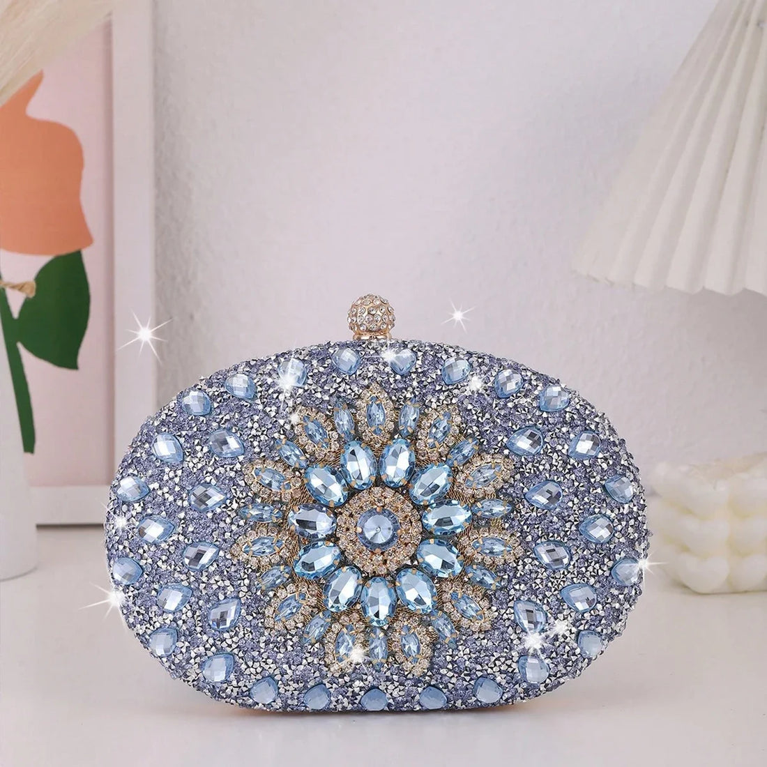 Glitter Blue Rhinestone Sunflower Evening Bag